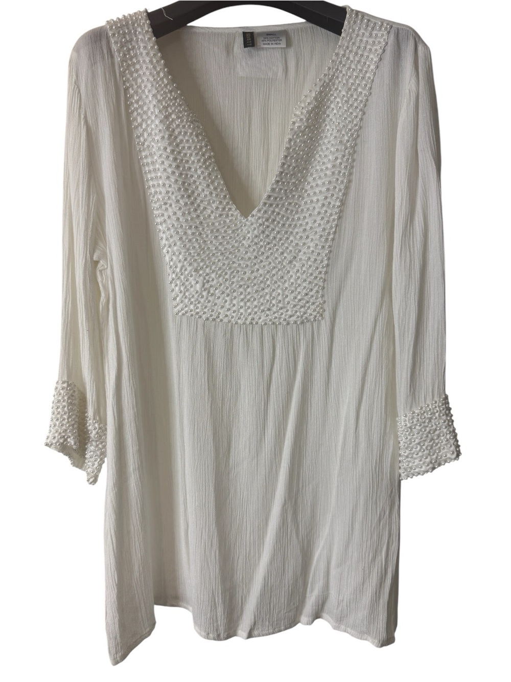 Manhattan Blues White Gauze Tunic Top Beaded Pearl V-Neck Boho Peasant Blouse S